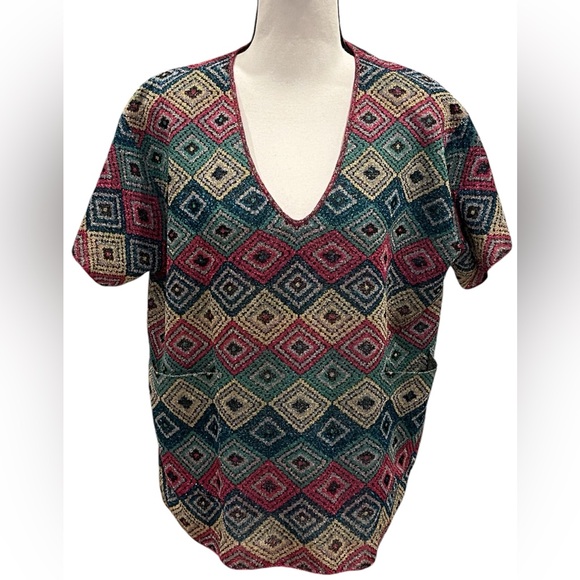 Dries Van Noten Metallic Short Sleeve Top Sweater V-Neck Medium Green Blue Pink - Picture 1 of 8